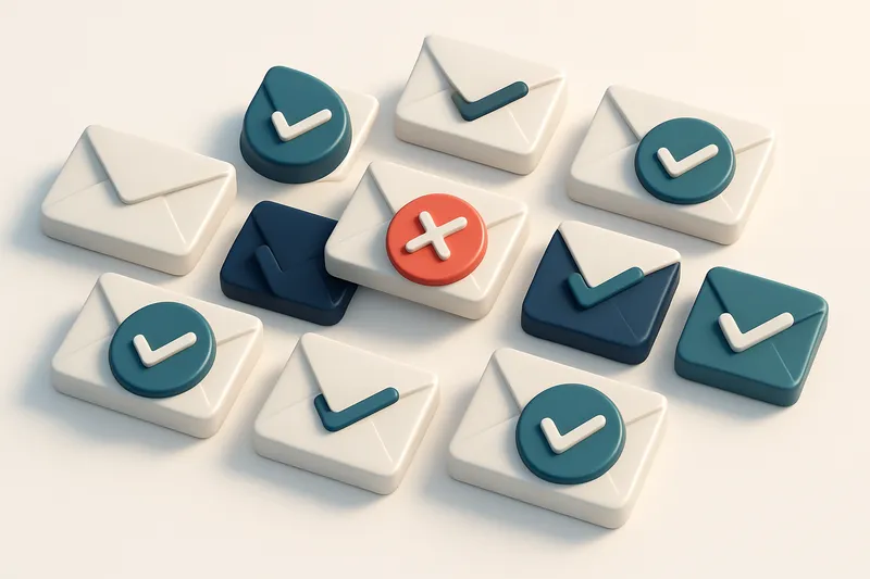a grid of envelope icons, each with a checkmark or red X overlay