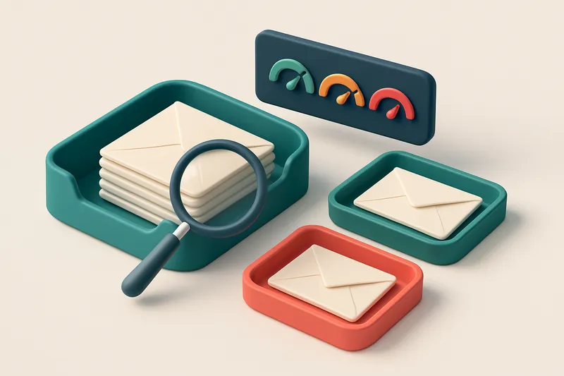 An isometric email inbox with envelopes being sorted onto a green 'valid' tray and a red 'invalid' tray, a magnifying gl