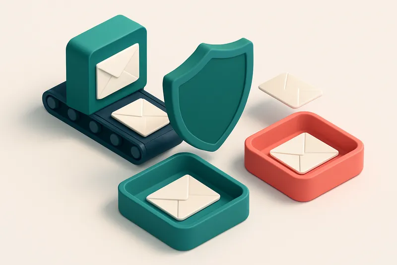 Hero: an isometric email inbox with envelopes being sorted onto a green 'valid' tray and a red 'invalid' tray, a conveyo