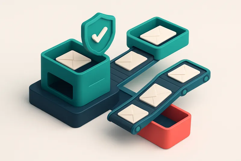 Hero: an isometric email inbox with two conveyor belts—one delivering envelopes labeled 'Valid' and 'Risky' to separate