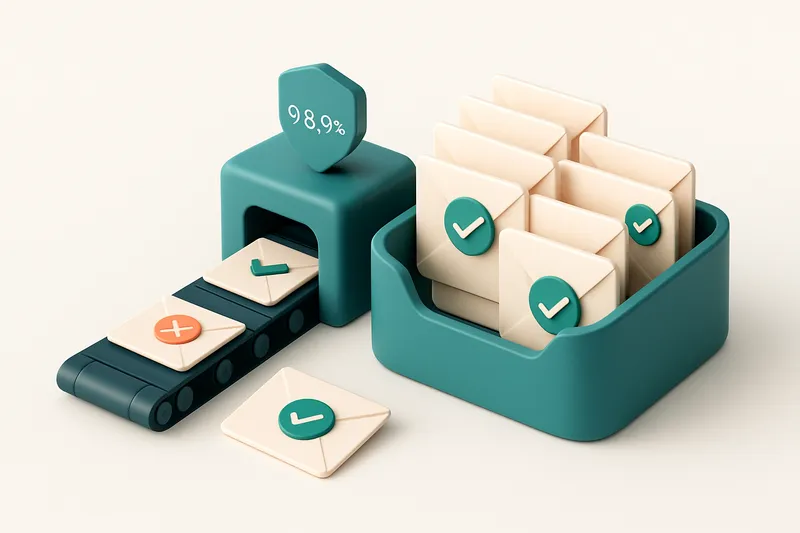 An isometric email inbox stacked with envelopes, some marked with red 'invalid' tags, others with green 'valid' checkmar