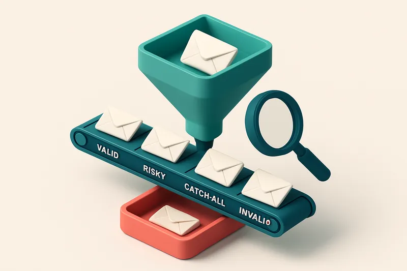 an isometric email delivery funnel with a red 'spam' tray at the bottom, a green 'inbox' tray at the top, and envelopes