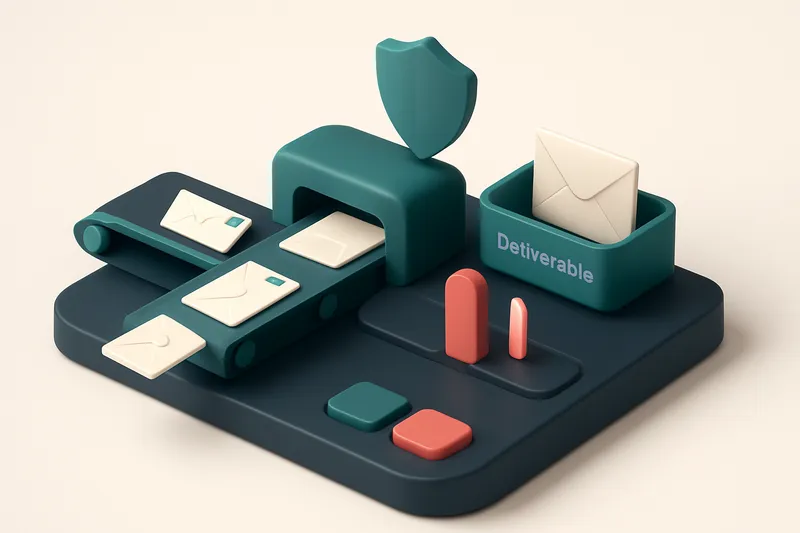 an isometric dashboard with a conveyor belt feeding envelopes into a scanner; valid envelopes go to a green tray labeled