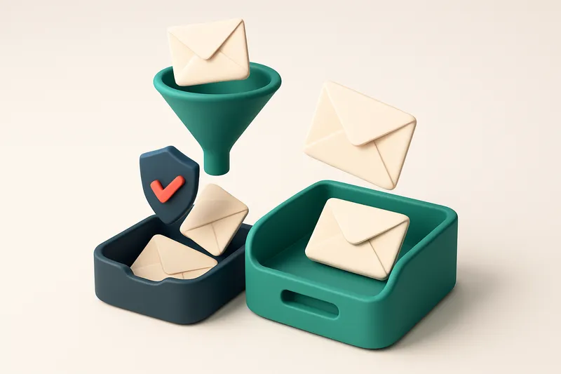 An isometric 3D email inbox filled with envelopes arriving from a digital funnel. Envelopes labeled 'valid' are guided i