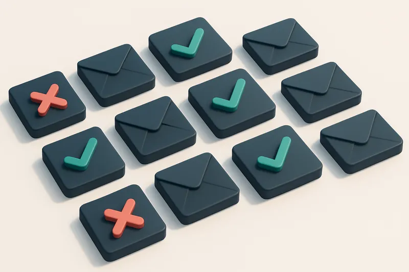 a grid of envelope icons with checkmarks overlaying some, and red x’s on others