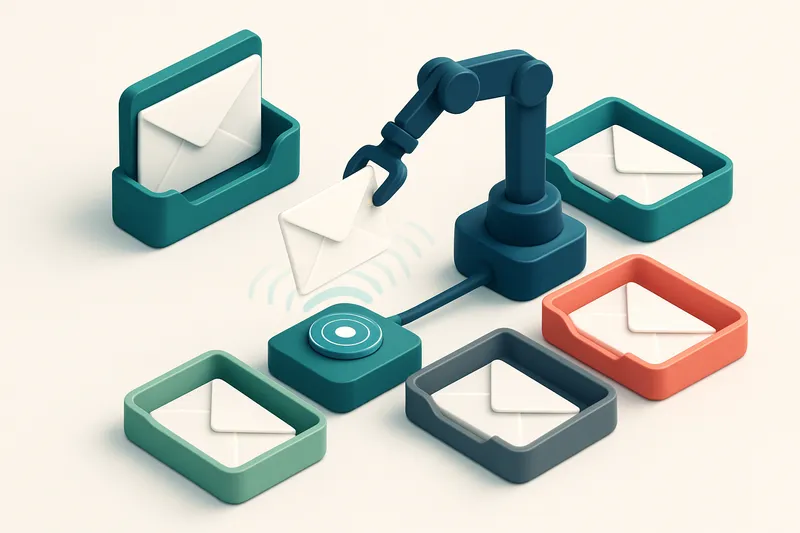 An isometric email inbox with envelopes labeled 'valid', 'risky', 'invalid', and 'catch-all' being sorted by a robotic a
