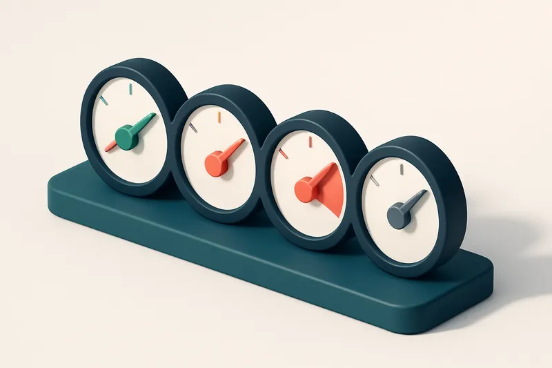 a row of four gauges with varying needle positions, each labeled in subtle tones (green, yellow, red, gray)