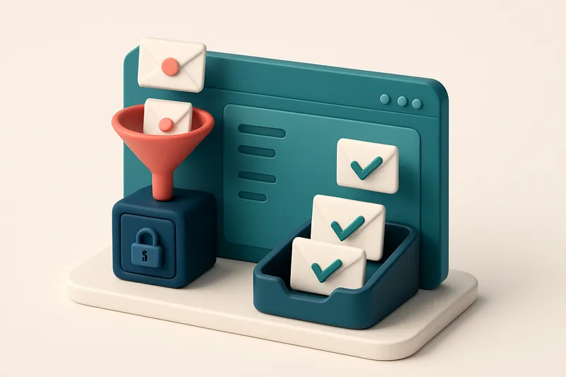 An isometric email dashboard with a red 'bounced' funnel leading to a locked server vault, while green 'deliverable' ema