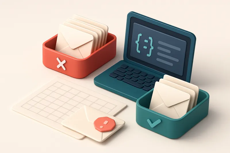 An isometric desk setup: a physical spreadsheet with envelopes stacked in a red 'invalid' bin and a green 'valid' bin, a