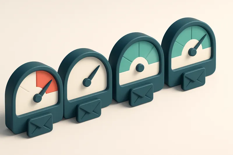 a row of four gauges, each showing a different stage of email quality: invalid, catch-all, risky, valid