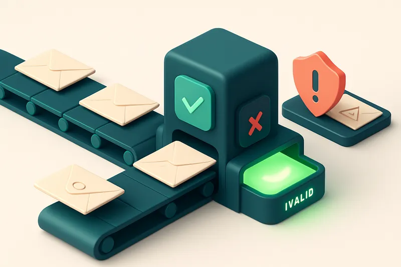 An isometric view of a conveyor belt carrying paper envelopes labeled 'media contacts' toward a central verification mac