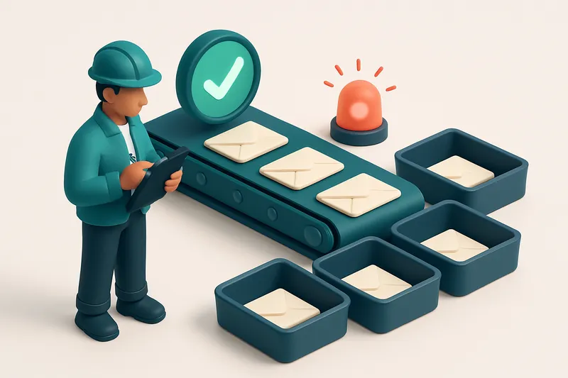 An isometric illustration showing a construction project manager holding a clipboard, with a conveyor belt sorting envel