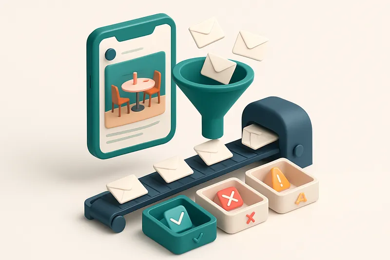 An isometric illustration of a restaurant Instagram post with a funnel shaped like a phone screen, directing leads into