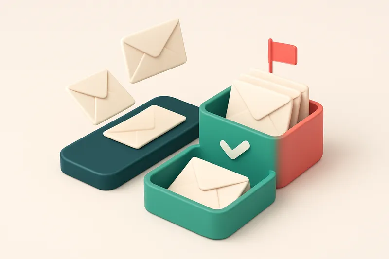 An isometric email inbox with envelopes being sorted onto a green 'valid' tray and a red 'invalid' tray, one envelope la