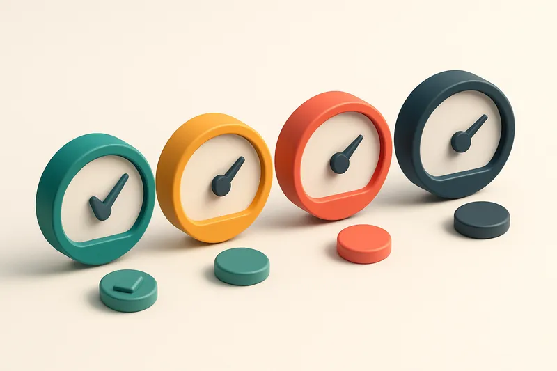 a row of four gauges showing validation status (green, yellow, red, grey)