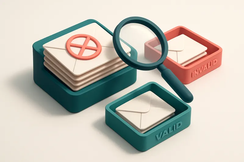 An isometric email inbox with envelopes being sorted onto a green 'valid' tray and a red 'invalid' tray, a magnifying gl