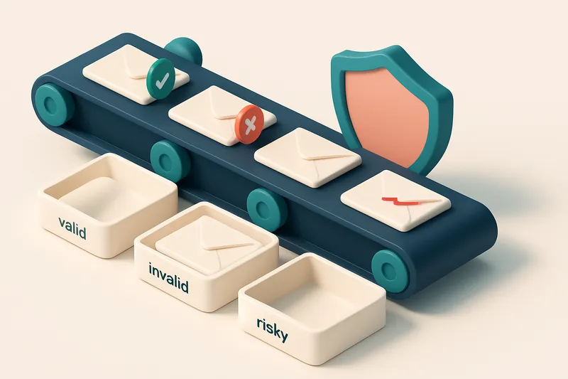 Hero: an isometric email inbox with a conveyor belt moving envelopes labeled 'valid,' 'invalid,' 'catch-all,' and 'risky
