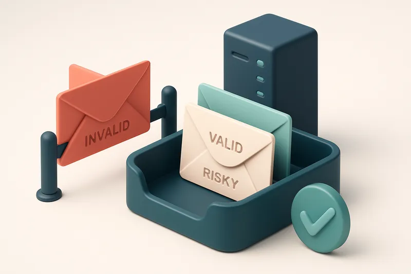 an isometric inbox with envelopes labeled 'valid' and 'risky' entering from the left, one red envelope labeled 'invalid'