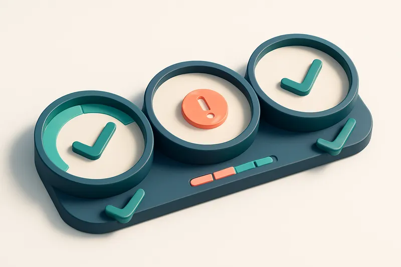 a row of three connected gauges showing TLS version, certificate validity, and handshake success