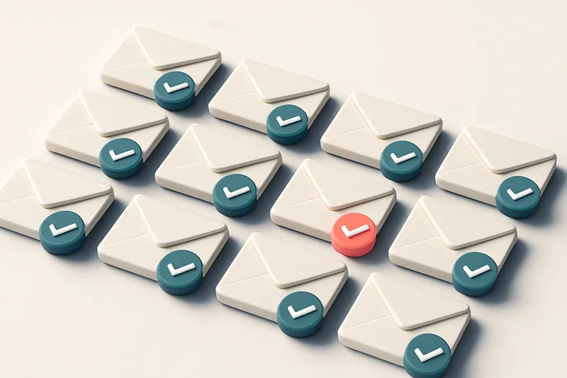 a grid of envelope icons with colored checkmarks