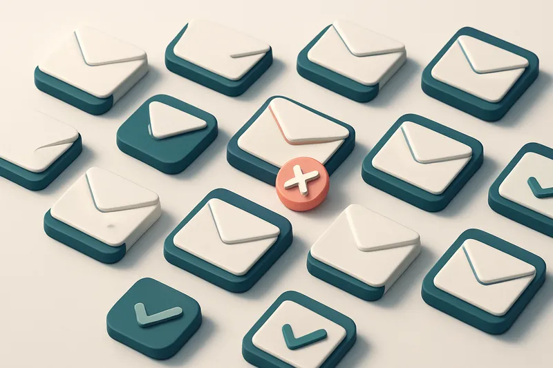 a grid of envelope icons with checkmarks and red Xs
