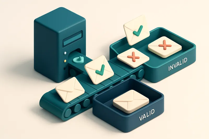 An isometric construction site with a conveyor belt carrying labeled envelopes—some with green checkmarks, others with r
