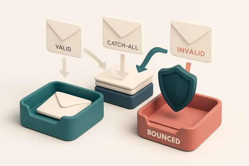 an isometric inbox with envelopes labeled 'valid', 'catch-all', and 'invalid' being routed left to a green 'inbox' tray,