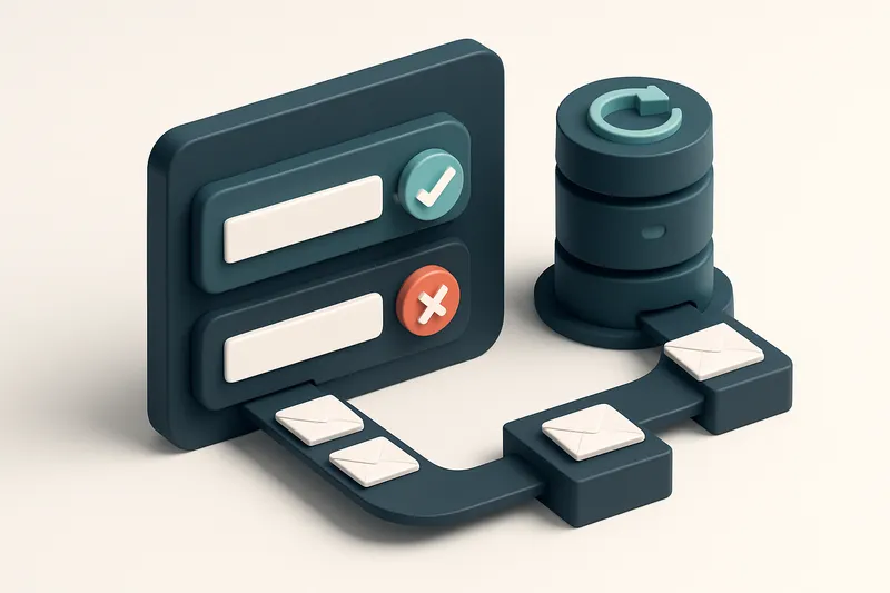 An isometric dashboard showing a DNS configuration interface with a glowing green checkmark over a correctly formatted D