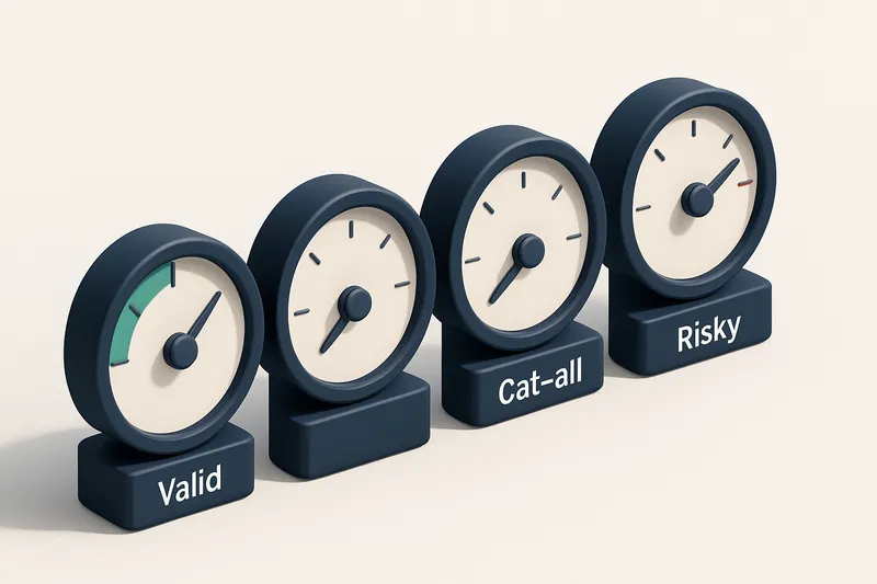 A row of four gauges, each with a different color and label: Valid, Invalid, Catch-All, Risky