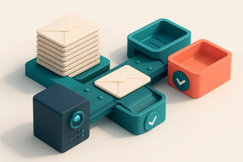 An isometric stack of envelopes labeled 'email list' being sorted by a conveyor belt into two trays: one green with a ch