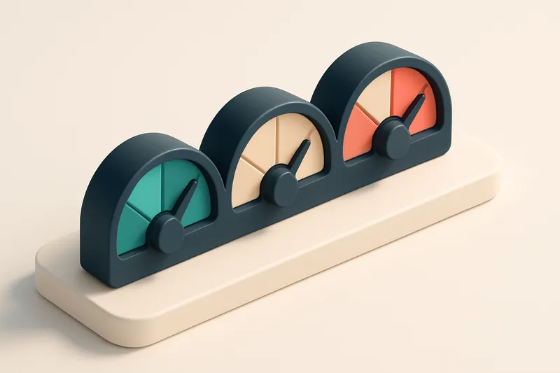 a row of three connected gauge dials showing valid, risky, and invalid status