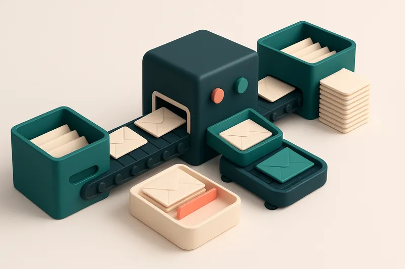 An isometric illustration of a recruitment workflow: a conveyor belt moves envelopes labeled with candidate names from a