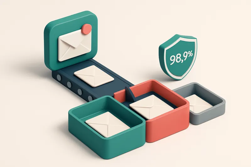 An isometric email inbox with a conveyor belt sorting envelopes into three trays: green for 'valid', red for 'invalid',