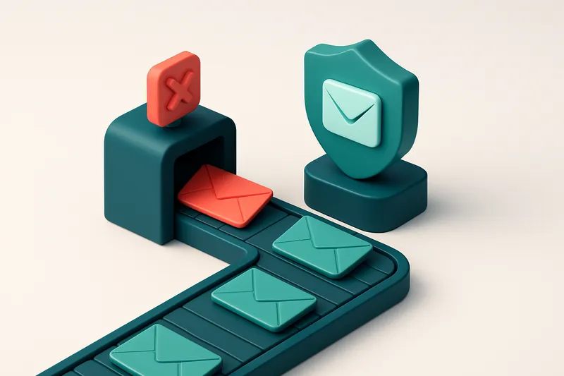 An isometric email inbox with envelopes being routed along a conveyor belt—only the green 'valid' envelopes pass through