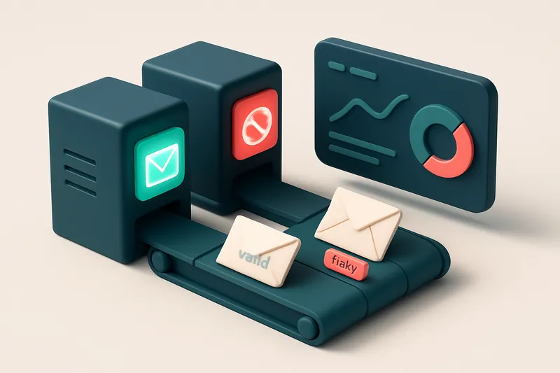 an isometric email server farm with green 'inbox' light panels and red 'spam' or 'blocked' light panels, each connected