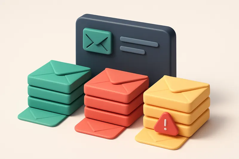 An isometric email inbox with envelopes sorted into three piles: green 'Valid', red 'Invalid', and yellow 'Risky', with
