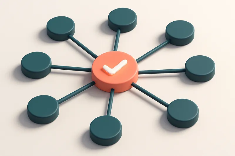 Hero: a network of connected circular nodes, one glowing with a checkmark