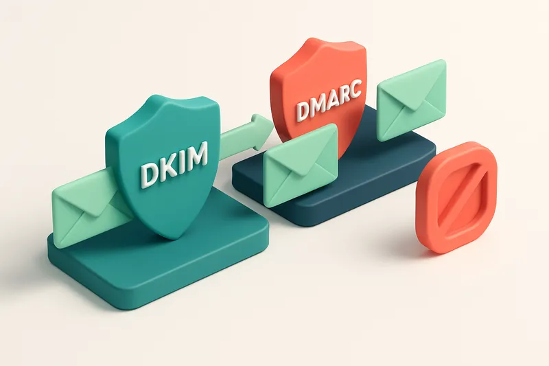 An isometric view of a secure email delivery tunnel: a green shield labeled 'SPF', a blue shield labeled 'DKIM', a red s
