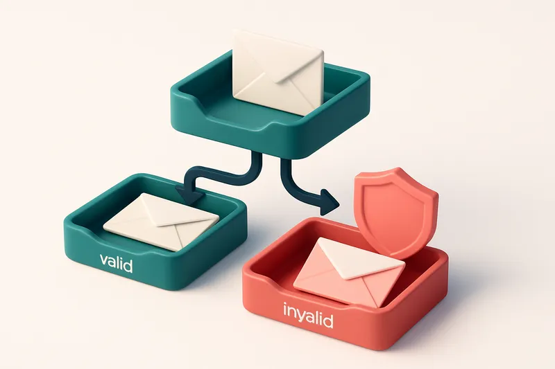 An isometric inbox with envelopes being sorted into a green 'valid' tray and a red 'invalid' tray, while a shield blocks