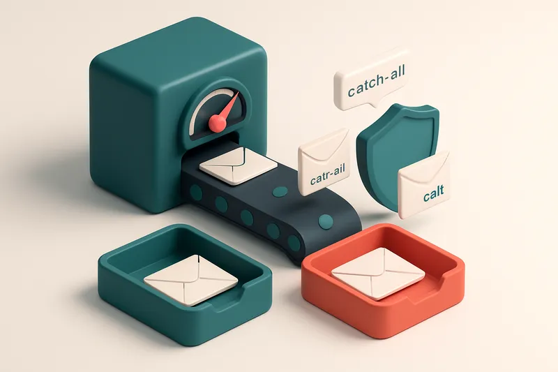 an isometric email inbox with a conveyor belt feeding envelopes labeled with addresses into two trays: green for 'valid'