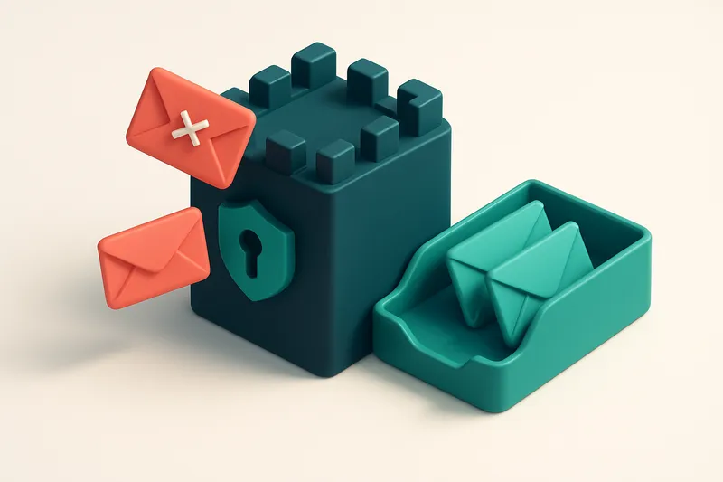 An isometric view of a fortified government email server with red 'invalid' and 'catch-all' envelopes bouncing off it, w