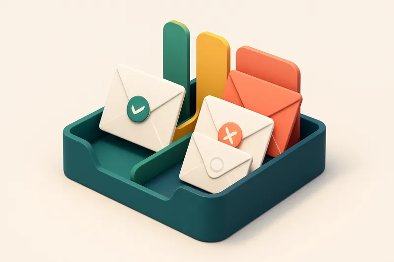 An isometric view of a travel booking inbox sorted into three lanes: a green 'valid' lane with envelopes labeled 'confir
