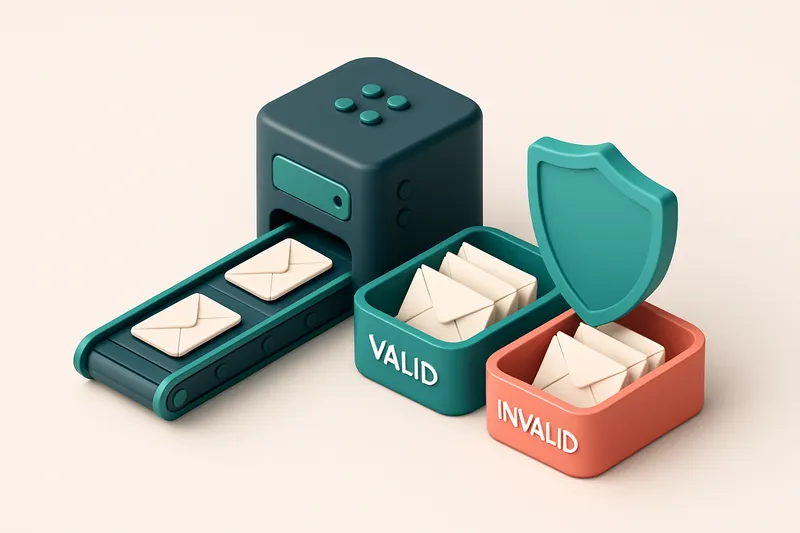 An isometric illustration of a medical clinic’s email hub: a central server with labeled green 'Valid' and red 'Invalid'