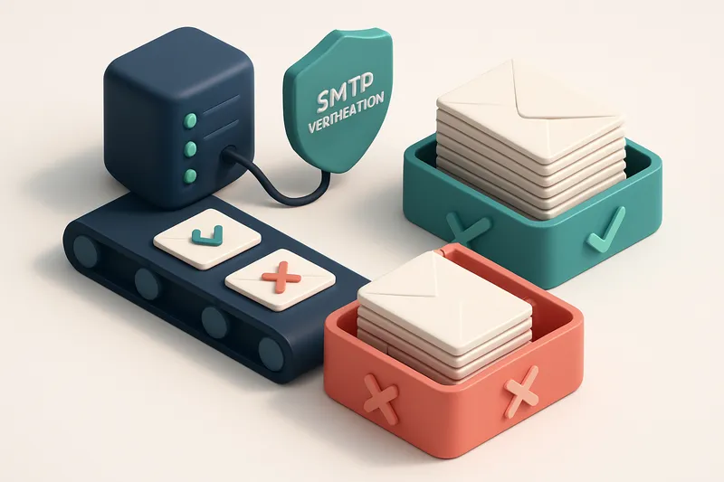 An isometric email inbox with envelopes stacked on a green 'valid' tray and a red 'invalid' tray, a server node connecte