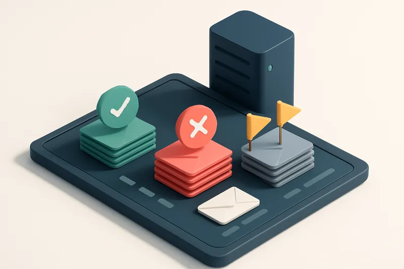 Hero: an isometric travel booking dashboard with three stacks: a green 'valid' stack of envelopes, a red 'invalid' stack