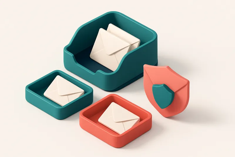 An isometric email inbox with envelopes being sorted onto two trays: a green 'valid' tray and a red 'invalid' tray, whil