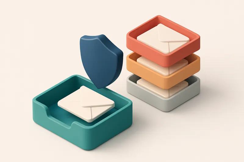 an isometric inbox with envelopes labeled VALID in green, INVALID in red, RISKY in amber, and CATCH-ALL in grey, all sor