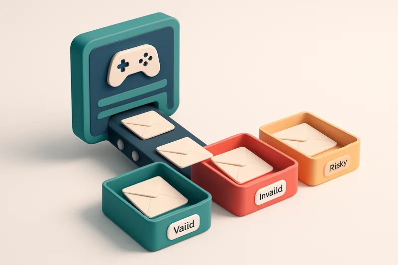 An isometric email inbox with envelopes sorted into three trays: a green 'valid' tray, a red 'invalid' tray, and a yello