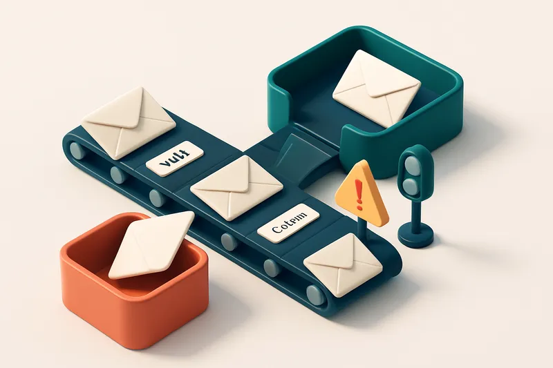An isometric 3D scene of a newsroom inbox with envelopes labeled 'valid', 'catch-all', and 'invalid' being routed along