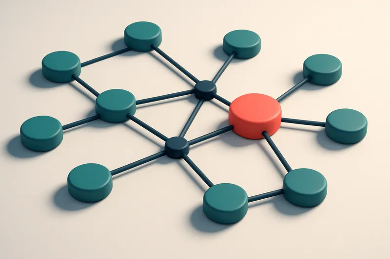 a network of small circular nodes connected by lines, with one node highlighted in red